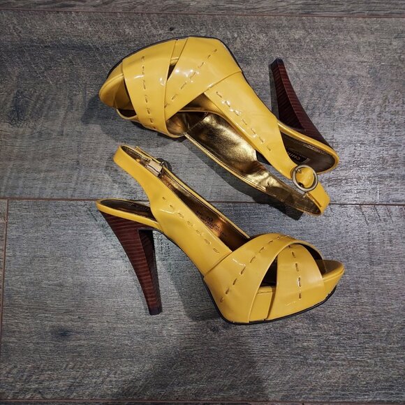 Chinese Laundry Yellow Patent Leather Slingback Brown Heels Pickstitch Size 7 - Picture 5 of 12